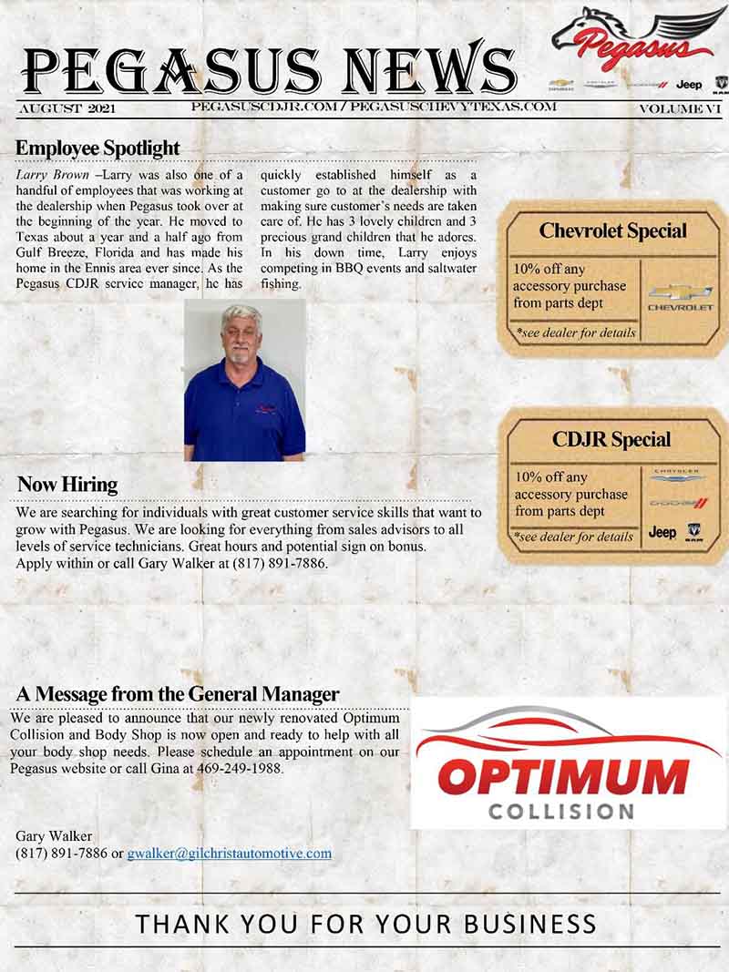 Pegasus Chevrolet Newsletter August 2021