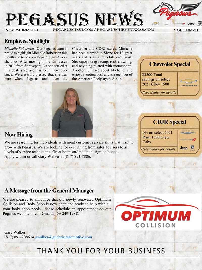 Pegasus Chevrolet Newsletter November 2021