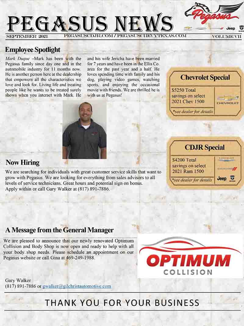 Pegasus Chevrolet Newsletter September 2021